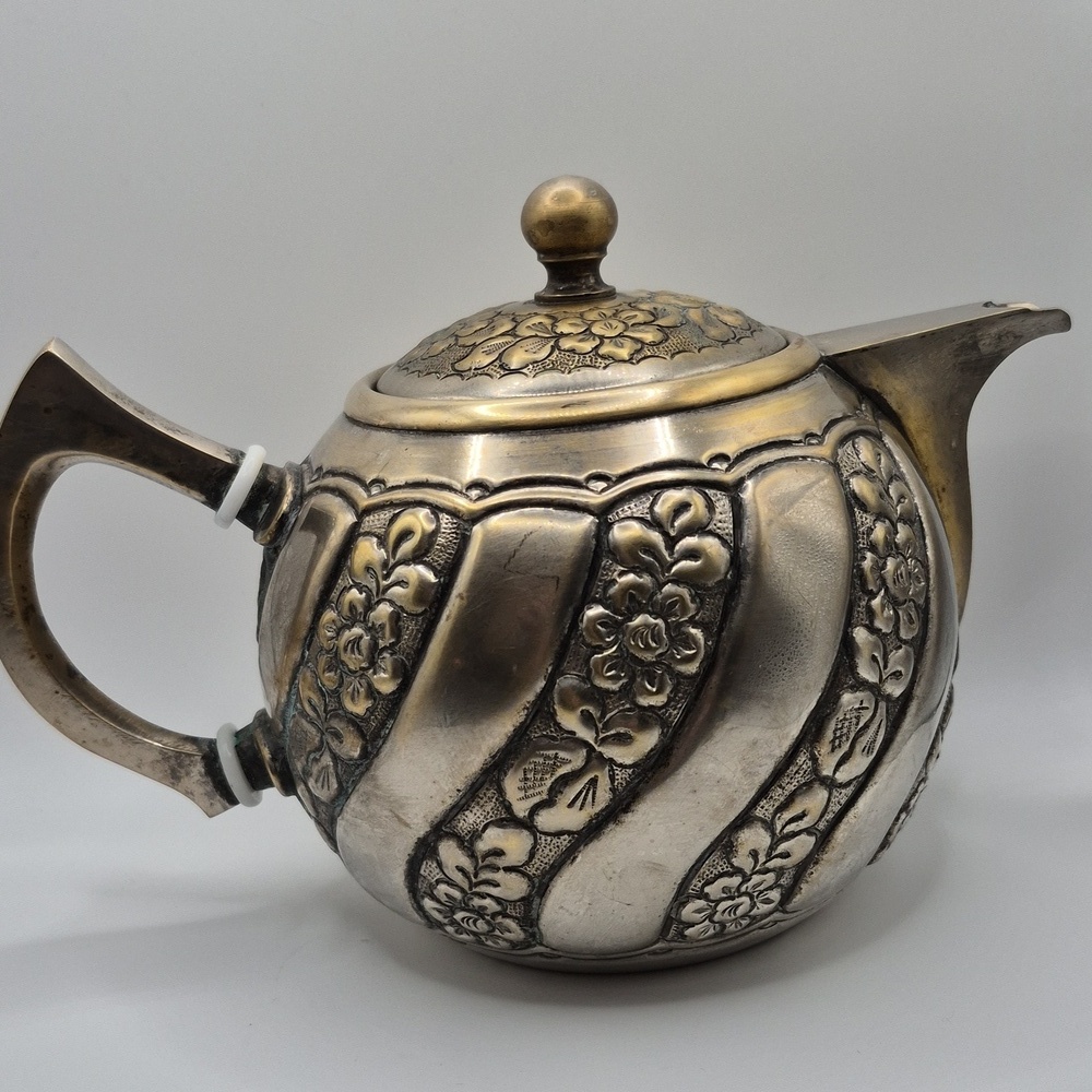 Elegant Silver  copper Teapot with Floral Design